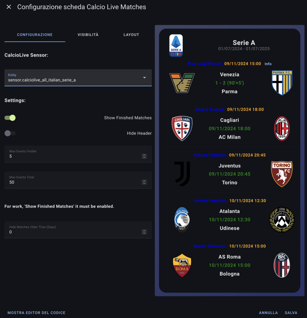 card calcio live campionato