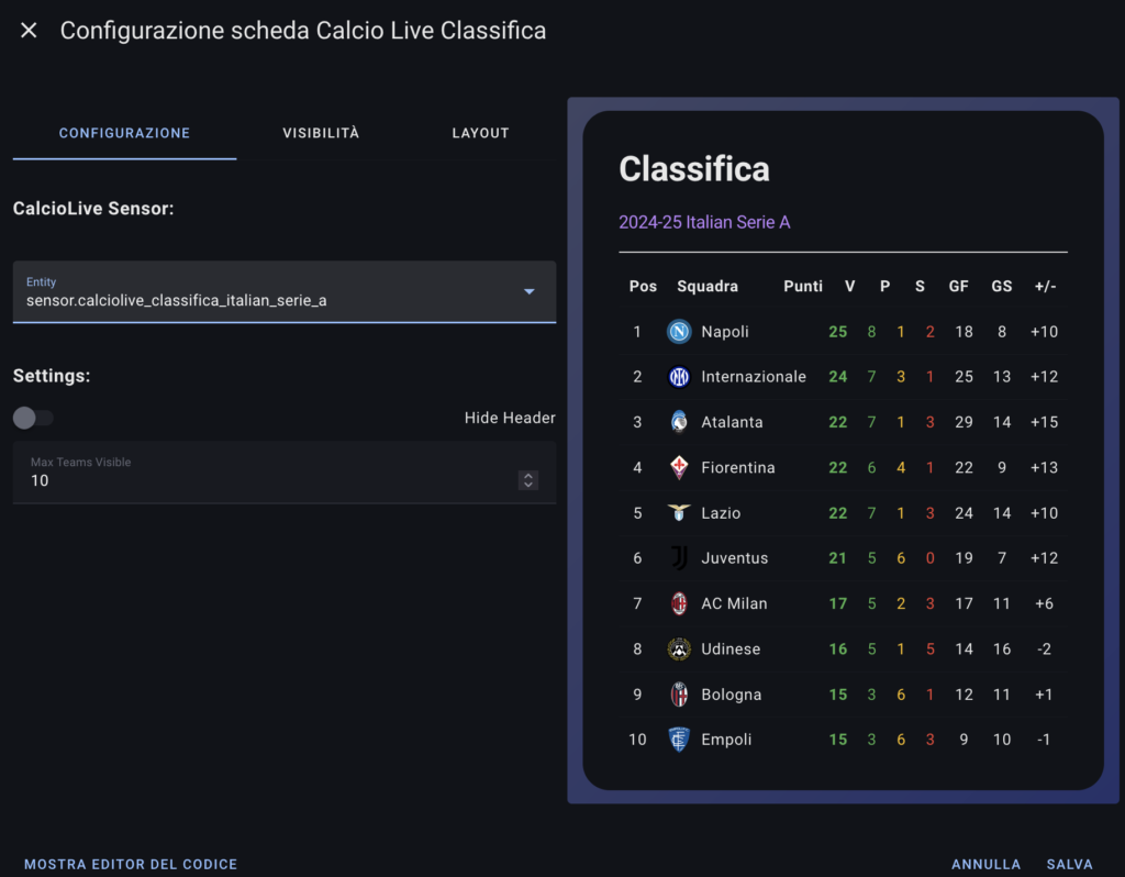 Calcio live card Classica