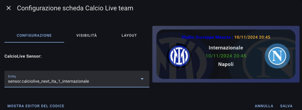card calcio live squadra singola