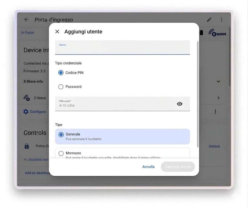 - codice pin password serrature z-wave Home Assistant 2026.6